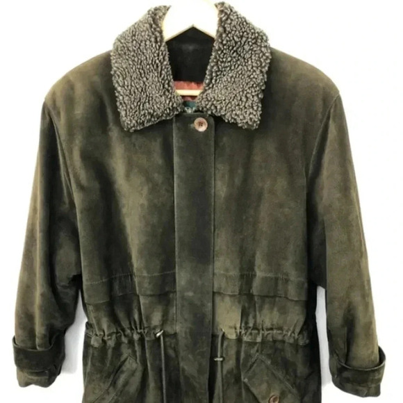 DANIER VTG SUEDE GREEN VINTAGE WINTER COAT ADJUSTABLE BELT FLEECE COLLAR SIZE S - Picture 3 of 10